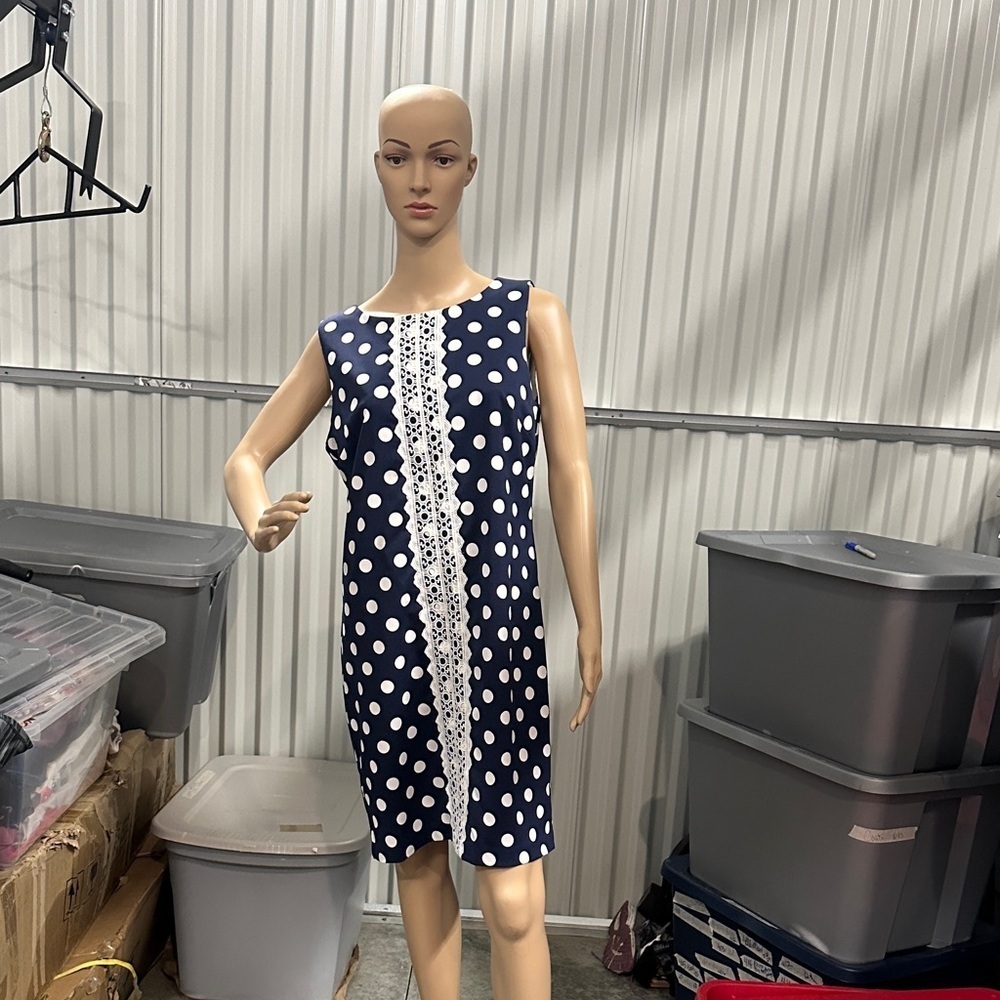 Madison Leigh women’s Navy Polka Dot with back zipper Midi Dress size 12 - Picture 2 of 9